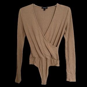 Express Brown Fitted Surplice Bodysuit Size S Long Sleeve Ribbed Knit Capsule
